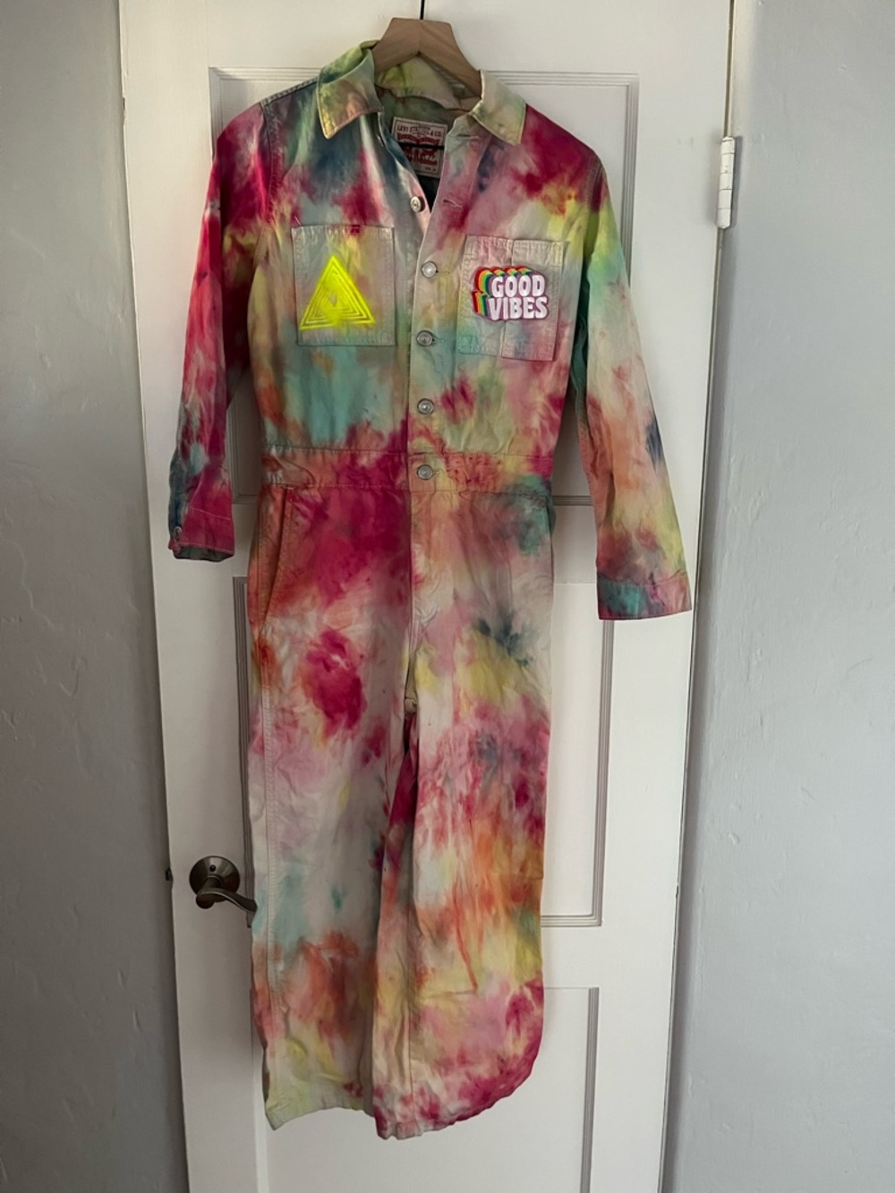 Levi's Custom Multicolor Tie-Dye Jumpsuit with 'Good Vibes' Patch Festival Music